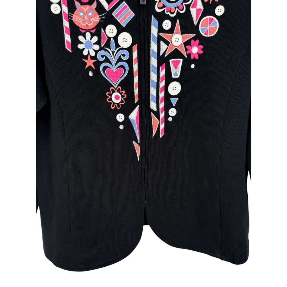 Bob Mackie Wearable Art Embroidered Cat Full Zip Cardigan Jacket Size Large - Picture 8 of 13